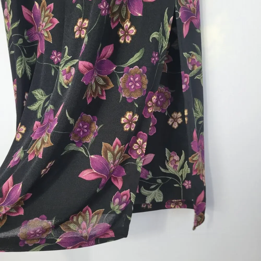 Vintage 90s Floral Pull On Midi Skirt size M Black Purple Fairy Grunge Y2K